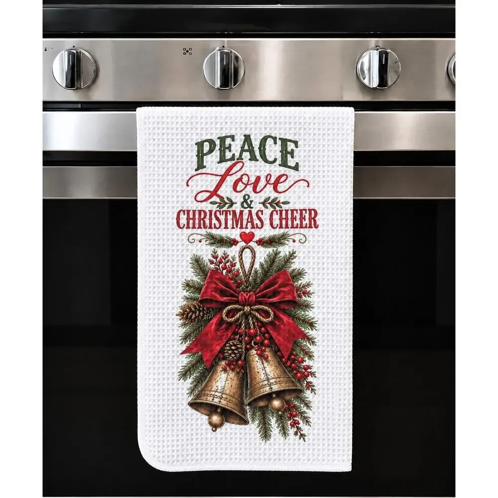 Peace Love & Christmas Cheer Kitchen Towel Christmas Bells Farmhouse Decor